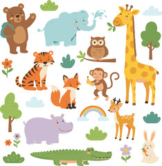  Cute vector cartoon animal set collection of farm and zoo pets