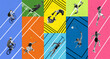 © Lustre Art Group  - Creative geometric collage of 10 athletes performing multiple sports in color blocks. Concept of athletic diversity, competition, modern sports culture for media, design, and education visuals.
