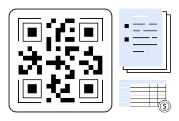 QR code alongside stack of documents, invoices, and financial grid with currency sign. Ideal for payment, billing, accounting, digital finance, e-banking, cost tracking simple flat metaphor
