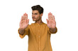 © Asier - Young handsome caucasian man isolated on white background standing with outstretched hand showing stop sign, preventing you.