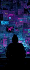Wall Mural - A shadowy figure in a hoodie is silhouetted against a vibrant backdrop of digital screens and data, evoking themes of technology and cybersecurity.