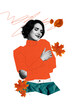 © deagreez - Composite trend artwork image collage of autumn season fall weather leaves clouds outdoors nature young lady stand self hug cozy relax