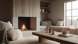 © CYBERPINK - Cozy living room with a fireplace. the fireplace is made of concrete and has a fire burning inside.