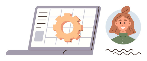 Woman with a bun beside a laptop displaying a gear on a grid. Ideal for technology, teamwork, automation, efficiency, digital collaboration, business strategy, simple flat metaphor