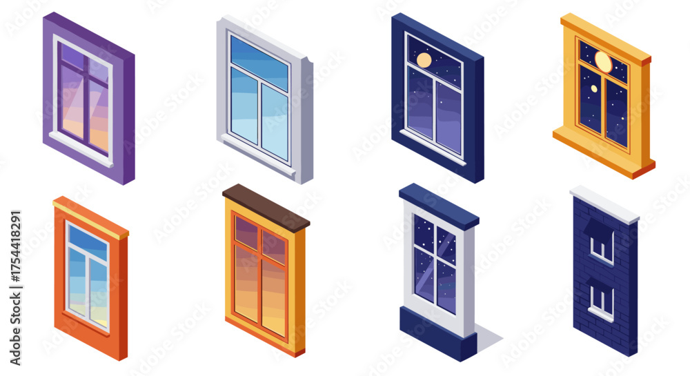 Window Isometric View Isometric window designs with colorful frames and night sky views Stock ...