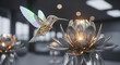 © Sharif Studio - Steampunk Hummingbird Hovering over Glowing Metal Lotus — Futuristic Ornate Sculpture Art with Soft Light and Fantasy Elegance