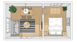© malik - Top view of a modern apartment floor plan with bedroom, living room, dining area, and bathroom interior design and architecture concept