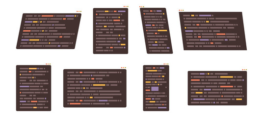 Programming and coding, isolated set of screens with computer language symbols. Vector developing software or game. Information technologies, engineering and quality assurance services