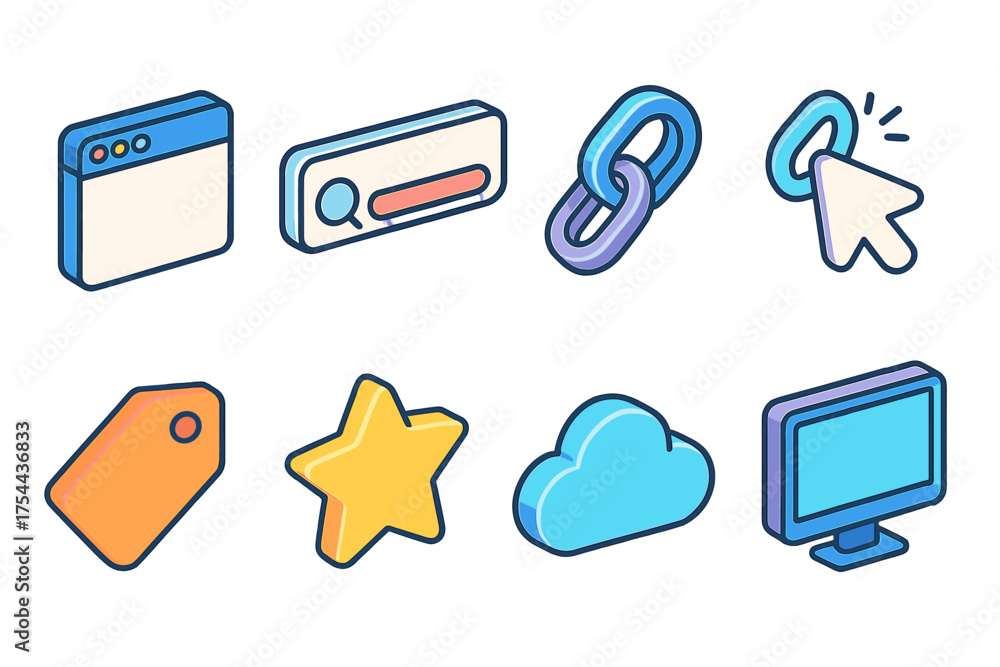 Web technology icon set. 3D clickable, browser, link, tag, cloud, star ...