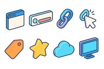 Wall Mural - Web technology icon set. 3D clickable, browser, link, tag, cloud, star icons collection