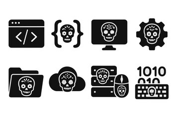 Day of the dead solid icon set. Coding, technology dia de los muertos icons.