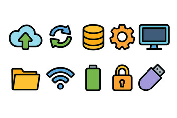 Wall Mural - Technology and data icon set. Cloud, network, security in outline style icons.