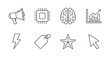 © Mr. Stocker - Black outline icons depicting a megaphone, computer chip, brain, bar chart, lightning bolt, price tag, star, and arrow cursor, representing various concepts.