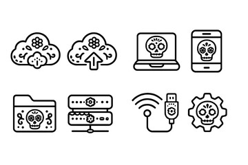 Wall Mural - Day of the dead outline icon set. Sugar skulls, technology, and art icons collection