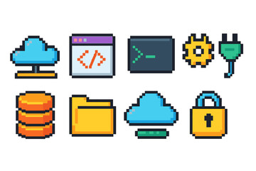 Pixel art technology icon set. Coding, cloud storage, security icons in pixel style