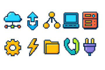 Wall Mural - Cloud and network pixel icon set. Internet, communication outline pixels collection
