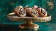 © fivan - Cannoli displayed on golden cake stand, emerald backdrop, luxurious high-end vibe, copy space