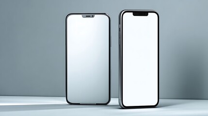 Realistic mockup of two modern smartphones with blank screens, ideal for showcasing app interfaces and technology product presentations on a minimalist grey background