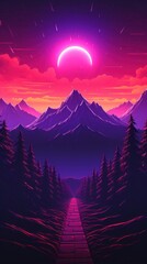 Wall Mural - Mountain synthwave retrowave landscape astronomy outdoors.
