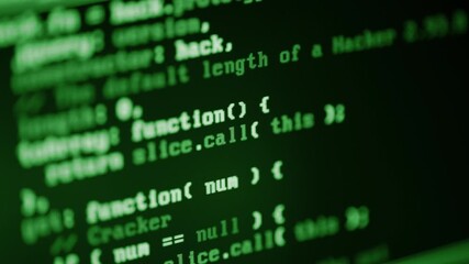 Close up of computer monitor screen with green programming code, hacker background, software development, cyber security, coding technologies and digital innovation concept