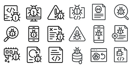 Bug and error outline icons set – linear, coding, and debugging symbols