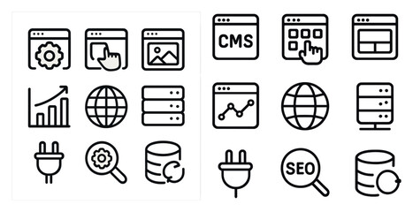 Web development outline icons set – line, digital, cms and data symbols