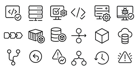 Programming and development icons set – outline, linear, coding symbols