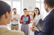 © Studio Romantic - Happy office diverse business team applauding, meeting coworker success, employees congratulating, expressing gratitude, recognition, appreciation for good job result, work achieve, reward recognition