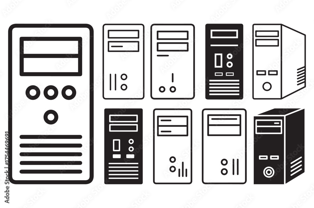 Style Computer Cpu Collection of computer CPU tower icons in minimal black and white ...