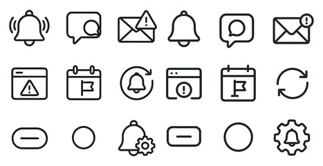 Notification and alert icons set – outline, linear, messaging and interface symbols