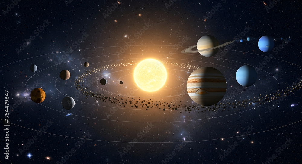 Solar system with sun and planets orbiting around it in deep space ...