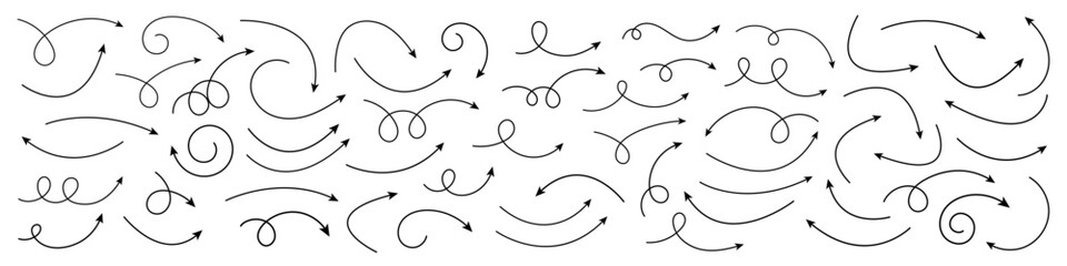 Wall Mural - Doodle Arrows Pack – Curved and Twisted Hand-Drawn Arrows Collection, Sketch Style Vector Illustration