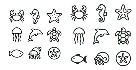 Naklejka na meble Marine life outline icons set – elegant, aquatic, sea creature graphics
