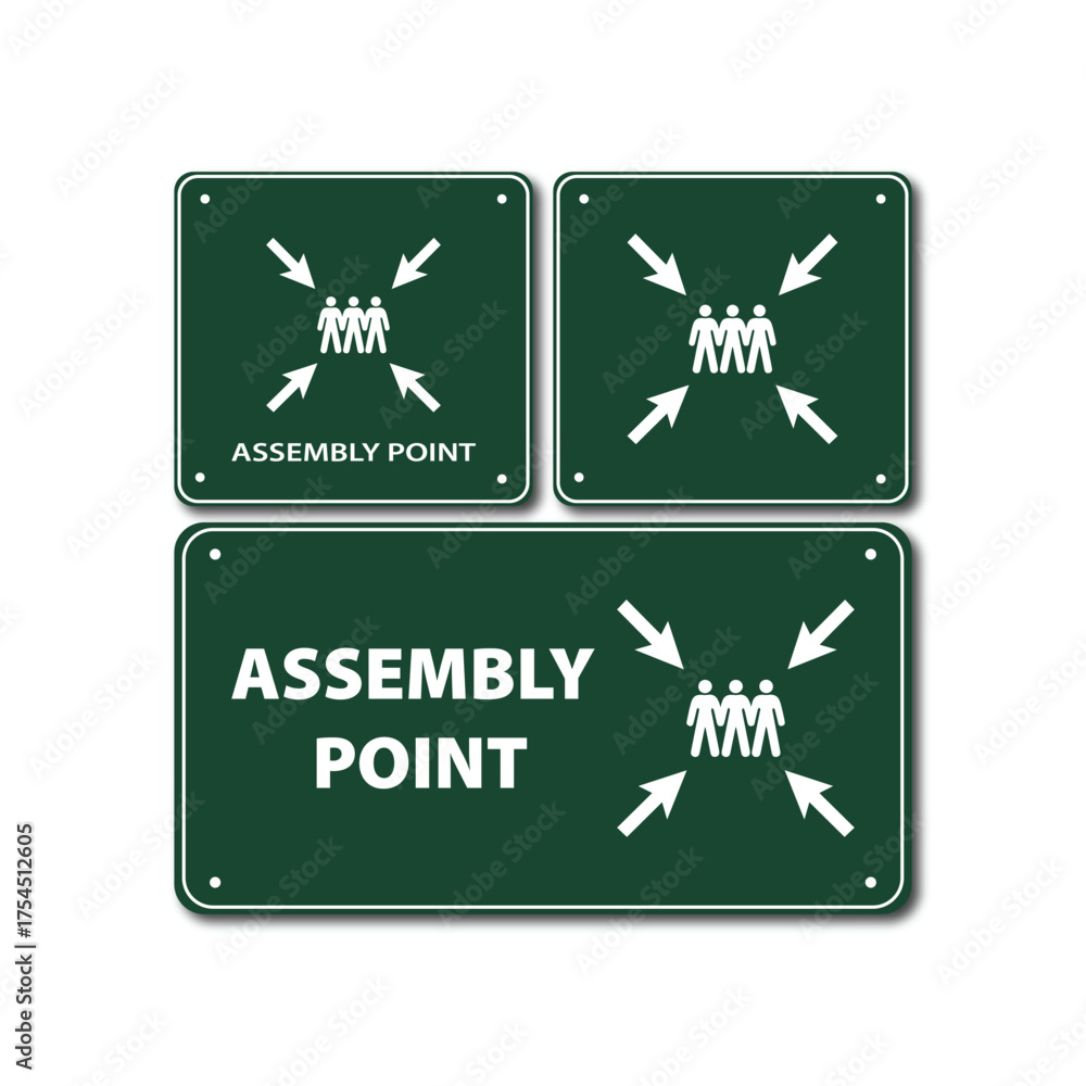 Assembly Line Signage Assembly point sign set. Green emergency evacuation meeting place ...