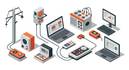 Isometric technology devices and gadgets set with laptop and electronics