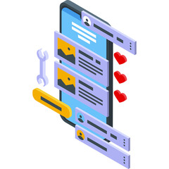 Mobile Application Interface Design Isometric Illustration with Tools and Hearts