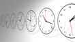 © Hermanthos - Many clocks on white background concept illustrated in perspective, symbolizing time management, planning, productivity, efficiency, and organization, capturing multiple schedules with a clean minimal