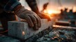 © horizon - Close-up of construction worker's hands laying concrete bricks. A warm sunset lens flare in the background symbolizes the rewards of their hard work.
