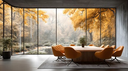 Wall Mural - Sunlit modern meeting room with stylish orange chairs and views of vibrant golden autumn trees. The bright, airy aesthetic creates a clean look.