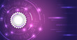 © arthead - Futuristic purple technology background with glowing binary code, digital gear, and circular light elements. Modern abstract tech design for innovation and digital concepts.