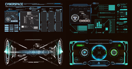 Futuristic digital interface design showcasing cyberspace elements with holographic features and data visualization