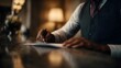 © Thares2020 - Close up of a hand signing a document at a reception desk with warm ambient lighting