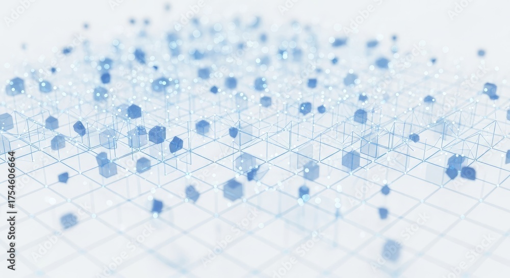 Abstract network of translucent blue cubes and glowing nodes on a grid ...