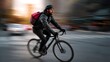 © Thares2020 - A focused cyclist with a backpack rides a bicycle through a blurred city street during the day