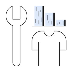 Wall Mural - Wrench next to a bar graph and t-shirt outline emphasizing maintenance, data analysis, textile industry. Ideal for productivity, business, manufacturing, fashion, creativity, design simple flat