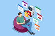 © Golden Sikorka - Isometric man using laptop with AI translation robot assistant. Concept of artificial intelligence, communication and multilingual education.