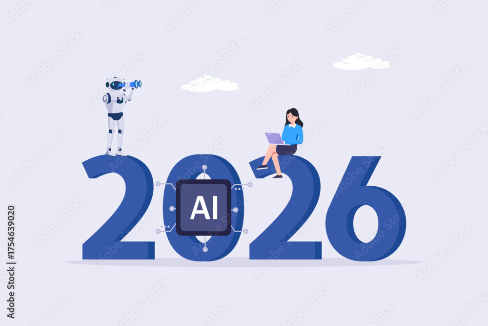 Artificial Intelligence in 2026. A robot and a businesswoman use AI to ...