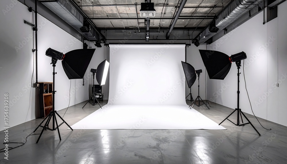 Professional Photography Studio Setup with White Backdrop and Lighting ...