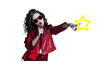 © deagreez - Composite photo collage of happy girl wear stylish leather jacket sunglass hold mic sing performance concert isolated on painted background