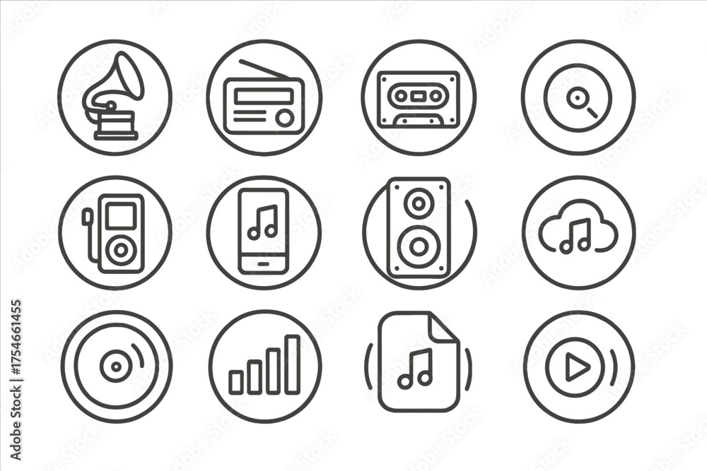 Sound Technology Evolution Icons. Line style round icons of sound ...